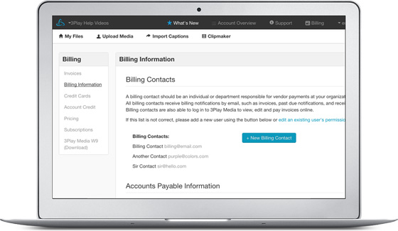 The Billing Information screen on a laptop, with a Billing sidebar and a list of billing contacts above an Accounts Payable Information section.