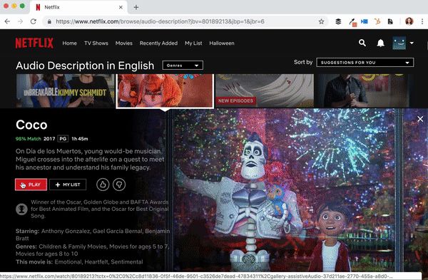 Netflix's “Audio Description in English” browse page, with the title Coco open and its details shown
