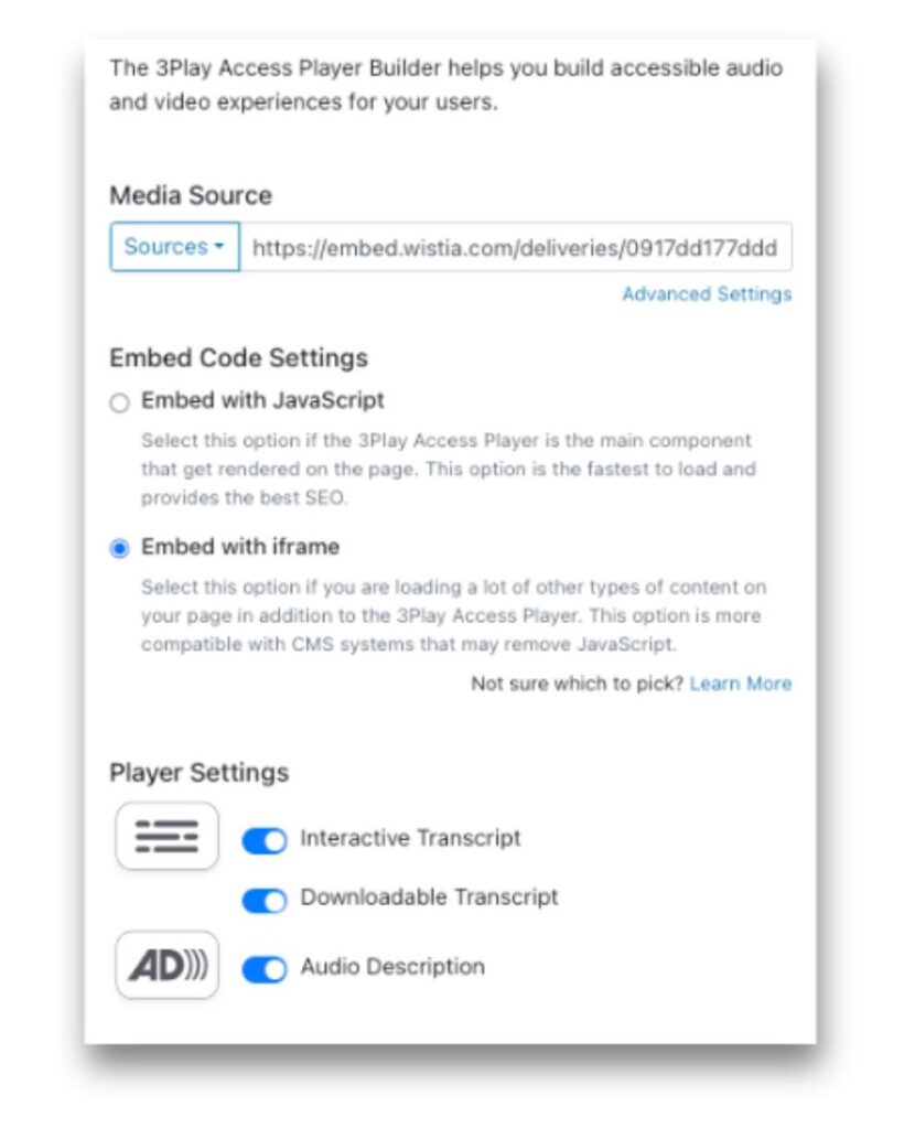 The 3Play Access Player Builder, with a media source URL, a choice of JavaScript or iframe embed code, and toggles for interactive transcript, downloadable transcript and audio description.