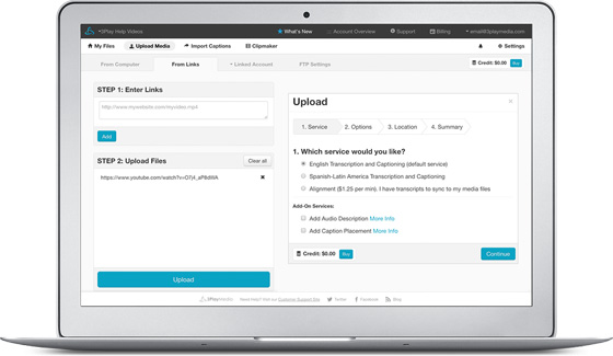 The account’s Upload screen on a laptop: links pasted into a “Enter Links” step on the left, and a service picker on the right offering English or Spanish-Latin America transcription and captioning, plus audio description add-ons.