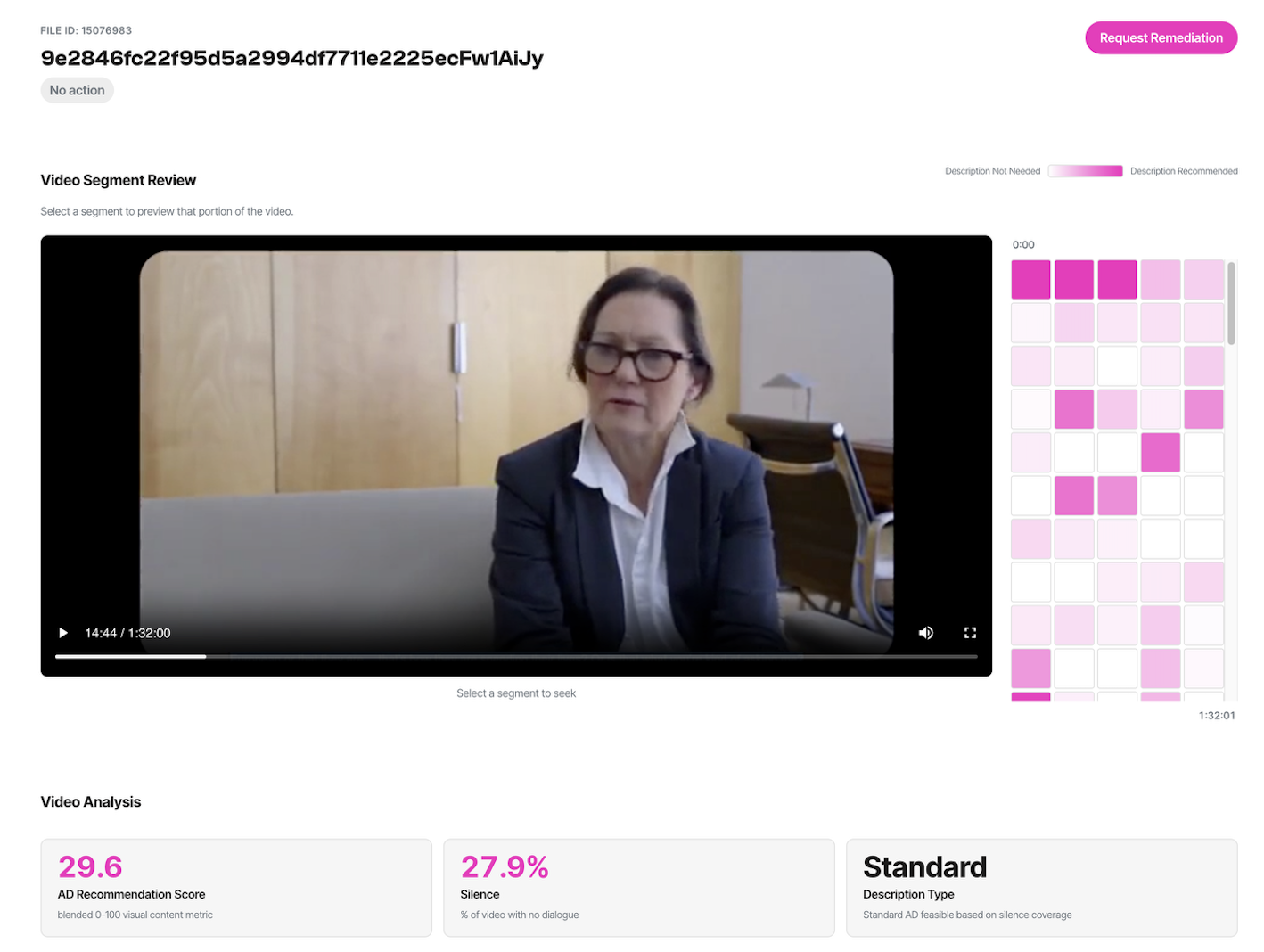 Pulse Audio Description Review — per-segment heatmap of where audio description coverage is needed across a video, with an AD recommendation score.
